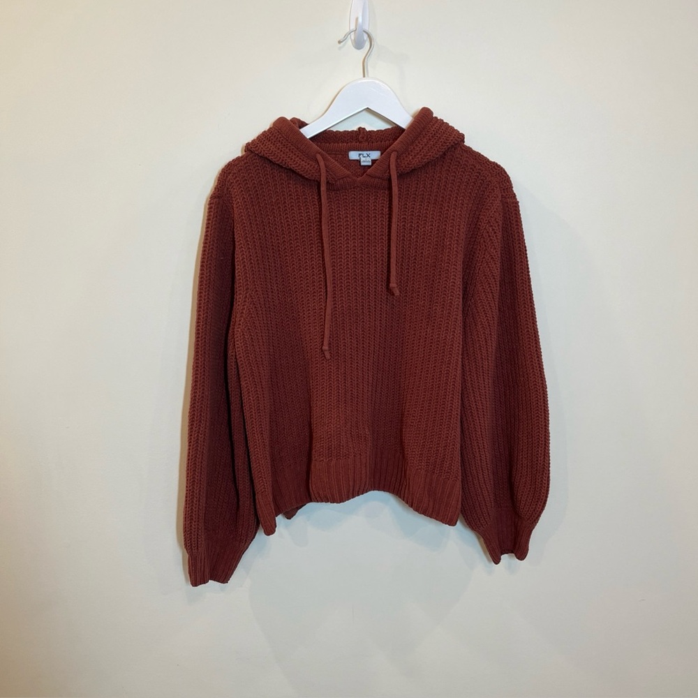 FLX Women’s Chunky Knit Sweater Hood Side Zippers Long Sleeve Small Brown Chunky